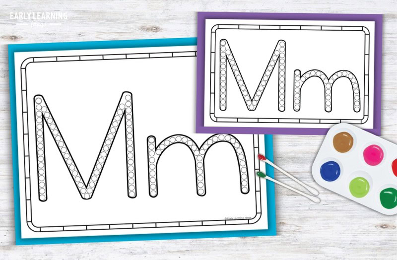 Letter M Q-tip painting printable with dot-marked uppercase and lowercase M for preschool fine motor practice
