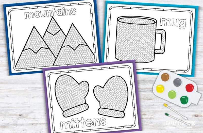 Letter M Q-tip painting printables: mountains, mug, and mittens dot art pages for preschool fine motor activities