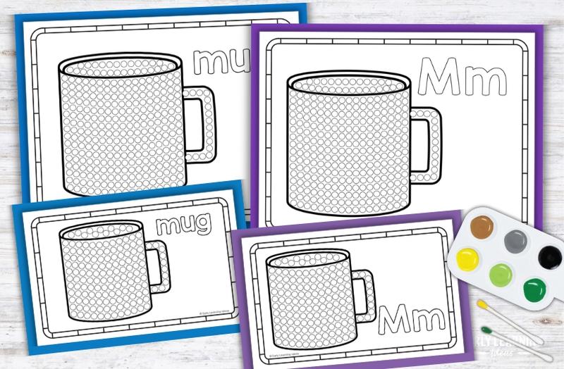 Letter M Q-tip painting printables with mug designs for preschool fine motor activities