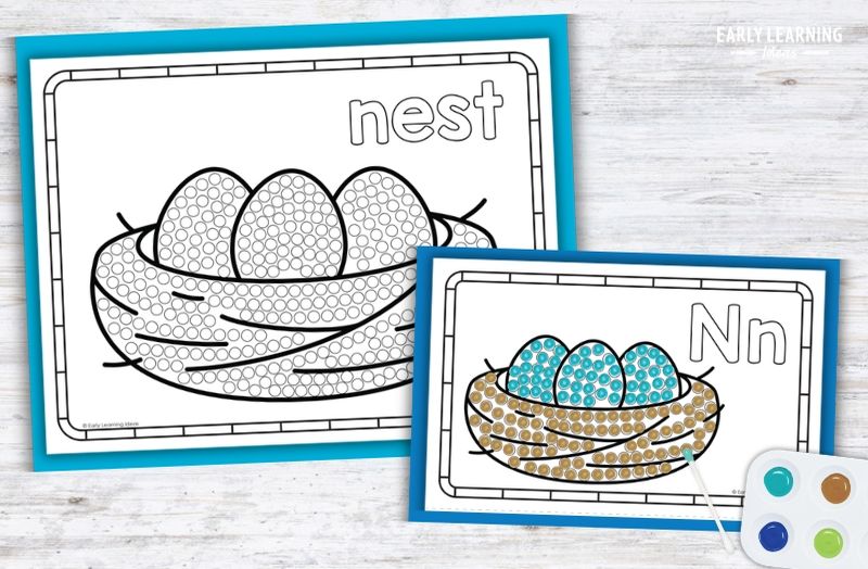 Letter N Q-tip painting printable with nest and eggs design for preschool fine motor activities
