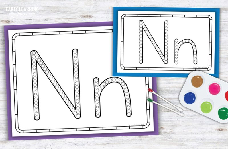 Letter N q-tip painting printables with dot markers and paint tray for preschool fine motor activity