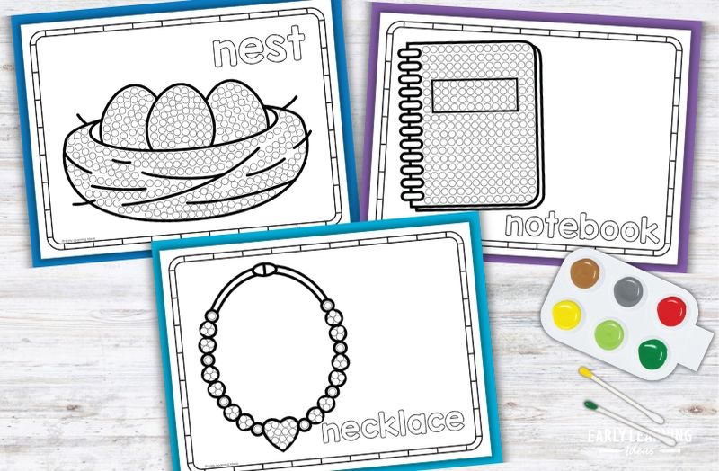 Letter N Q-tip painting printables: nest, notebook, and necklace pages for preschool fine motor activities