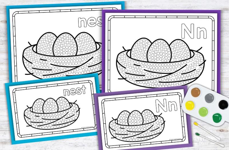 Letter N Q-tip painting printables with nest designs for preschool fine motor activities