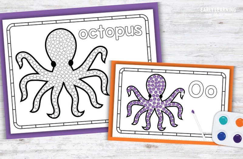 Letter O Q-tip painting printable with octopus dot art for preschool fine motor activities