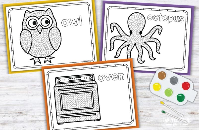 Letter O Q-tip painting printables for preschoolers featuring owl, octopus, and oven coloring pages
