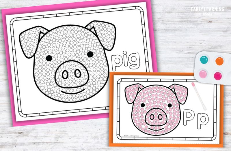 Letter P Q-tip painting printable with pig design, dot markers, for preschool fine motor activities