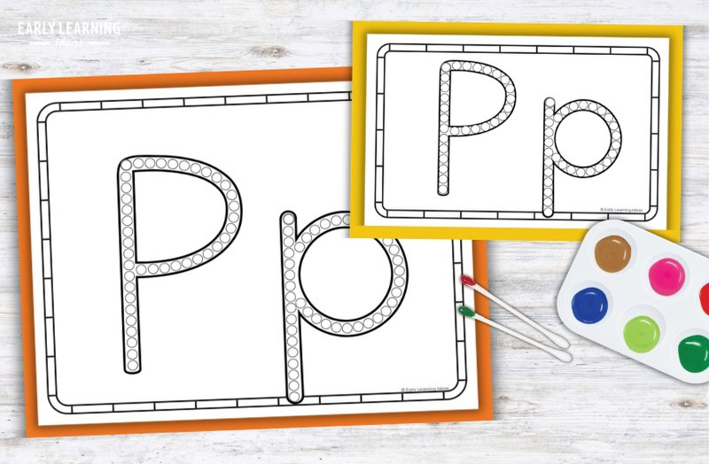 Letter P Q-tip painting printable with dot-covered Pp outlines and paint tray for preschool fine motor practice