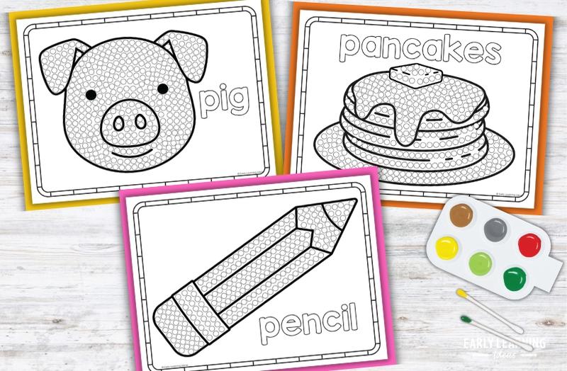 Letter P Q-tip painting printables featuring pig, pancakes, and pencil for preschool fine motor activities