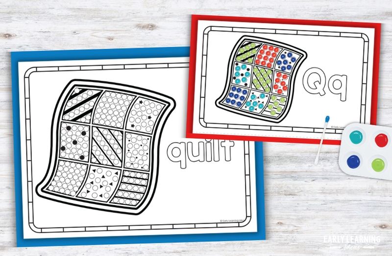 Letter Q q-tip painting printable with quilt design, preschool fine motor activity worksheet and paint palette