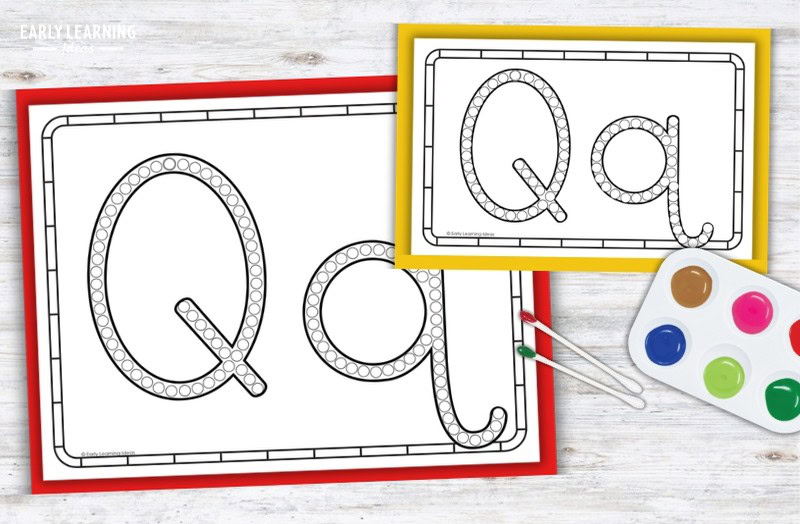 Letter Q q-tip painting printables with dot-marked Qq letters and paint palette for preschool fine motor activity