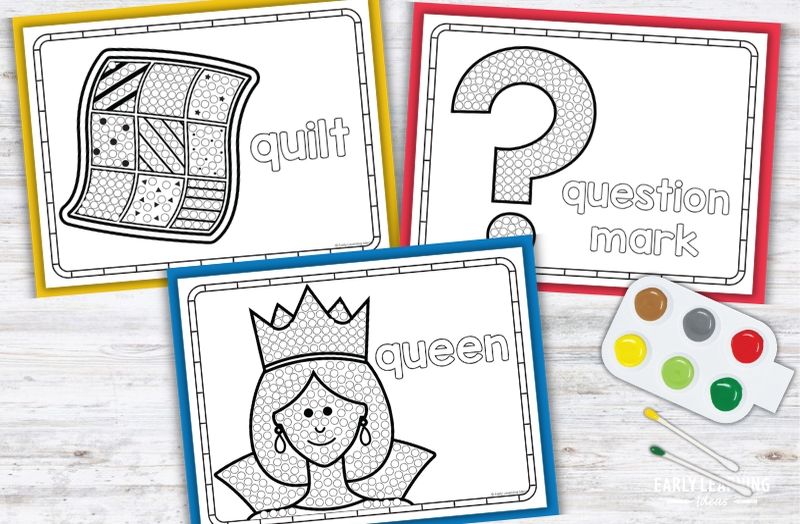 Letter Q Q-tip painting printables featuring quilt, question mark, and queen for preschool fine motor activities