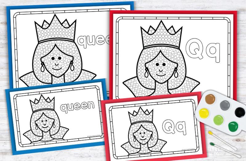 Letter Q Q-tip painting printables with queen designs for preschool fine motor activities