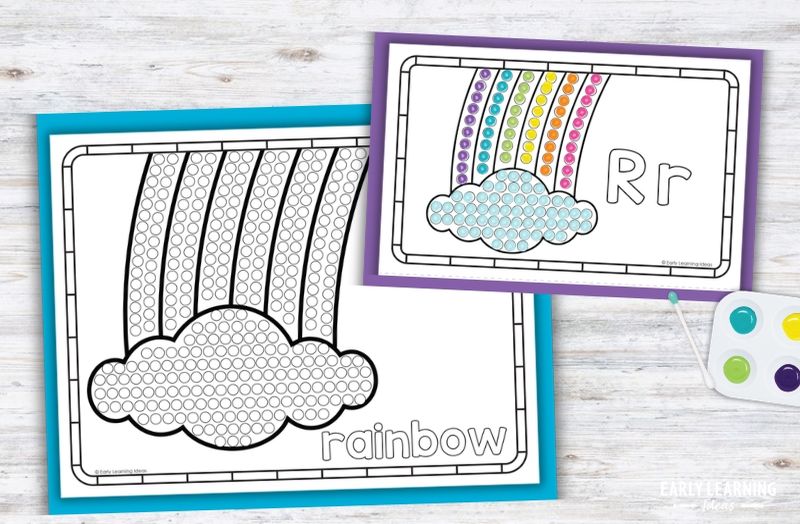 Letter R Q-tip painting printable with rainbow dot marker activity for preschool fine motor skills