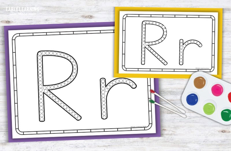 Letter R Q-tip painting printables with dot-marker uppercase and lowercase Rr for preschool fine motor activities