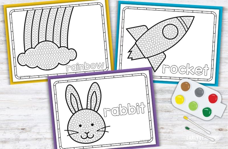 Letter R Q-tip painting printables for preschoolers featuring rainbow, rocket, and rabbit dot art pages