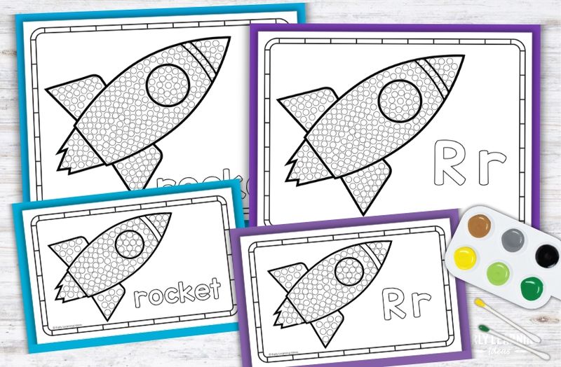 Letter R Q-tip painting printables with rocket design for preschool fine motor activities