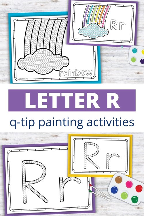 Letter R q-tip painting printables with rainbow and Rr letter templates for preschool fine motor activities