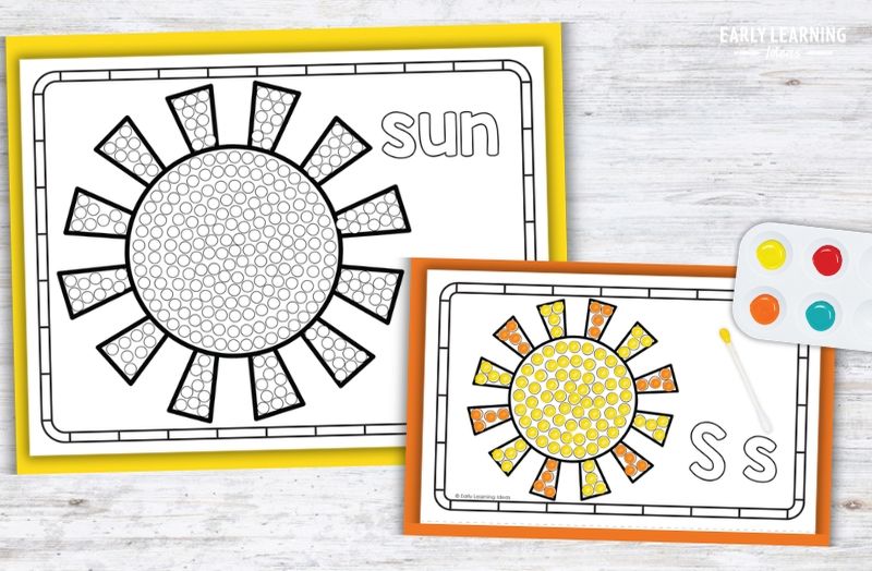 Letter S q-tip painting printable with sun design for preschool fine motor activity, blank and completed examples