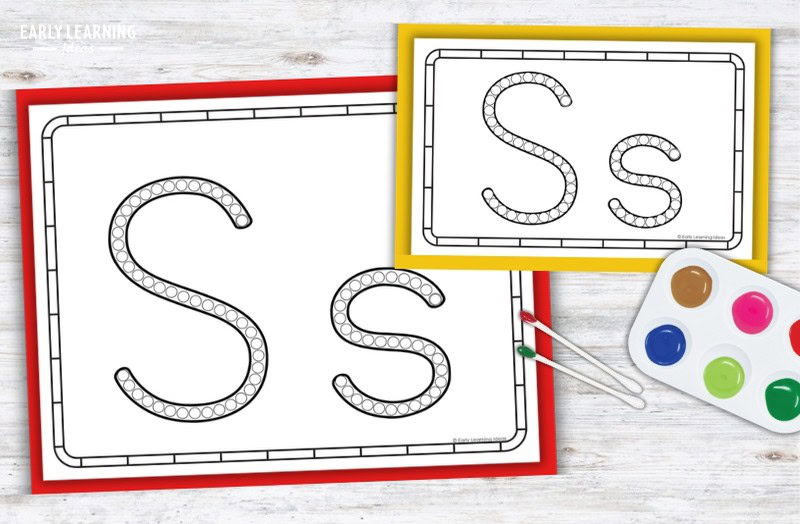 Letter S Q-tip painting printables with dot circles, paint palette for preschool fine motor activity