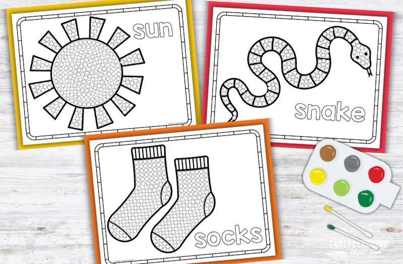 Letter S Q-tip painting printables featuring sun, snake, and socks for preschool fine motor activities