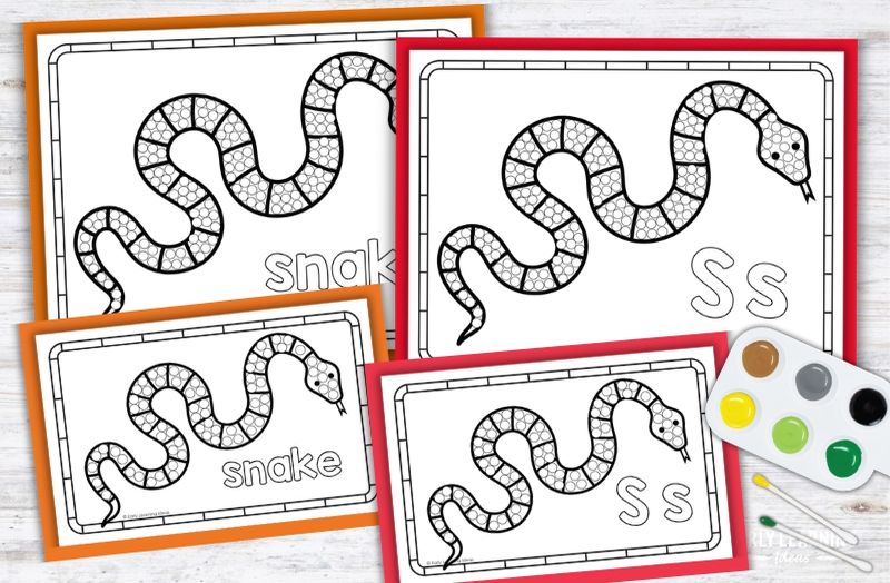Letter S Q-tip painting printables with snake designs and paint palette for preschool fine motor activities