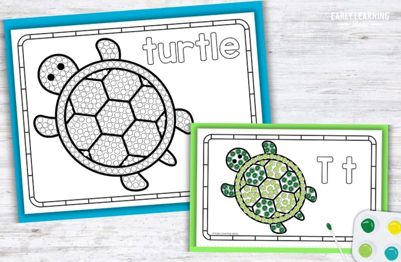 Letter T q-tip painting turtle printable, blank and completed, for preschool fine motor activities