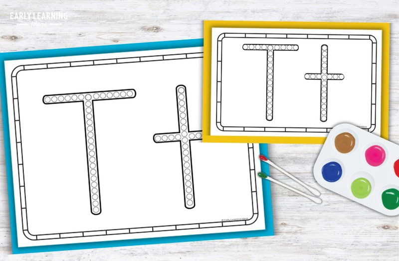Letter T Q-tip painting printables with dot markers and paint palette for preschool fine motor activity