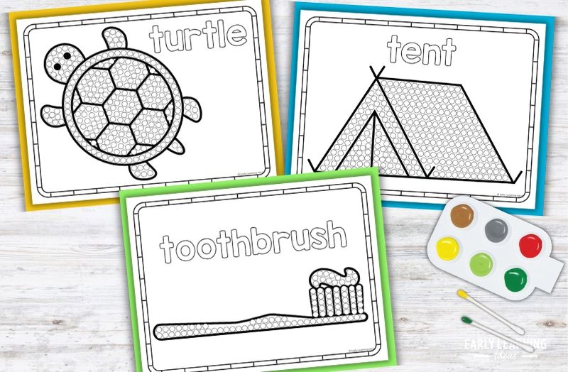Letter T Q-tip painting printables: turtle, tent, and toothbrush preschool fine motor activity pages with paint palette