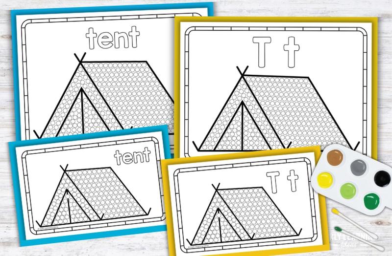 Letter T Q-tip painting printables with tent designs for preschool fine motor activities