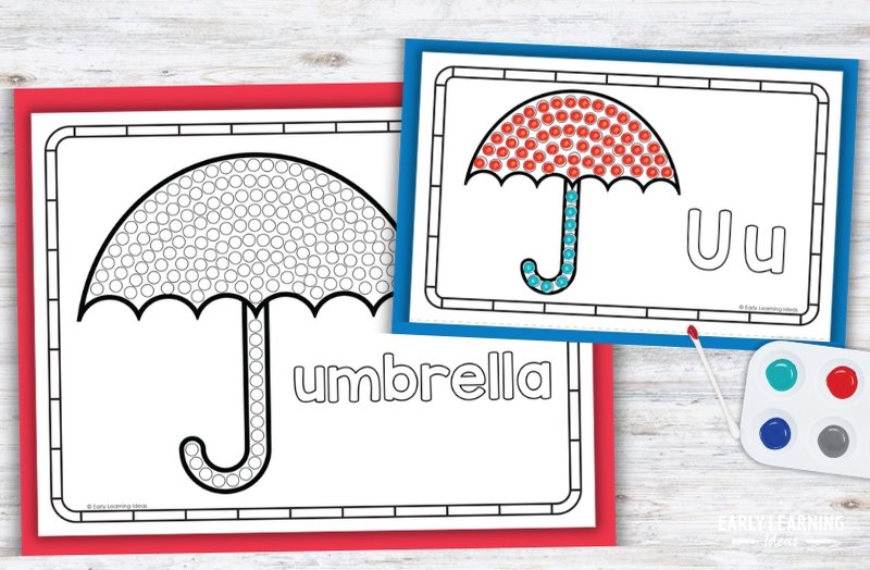 Letter U q-tip painting printable with umbrella dot pages for preschool fine motor activities