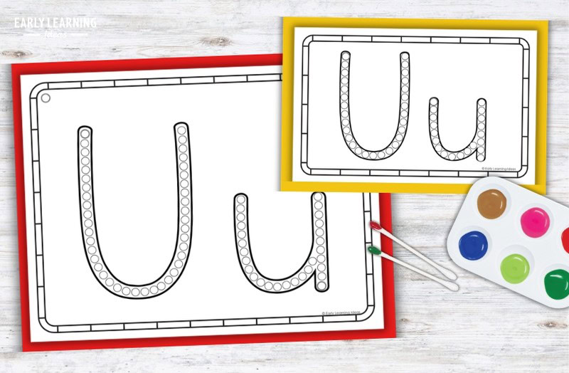 Letter U q-tip painting printable with dot circles, paint palette, and cotton swabs for preschool fine motor activity