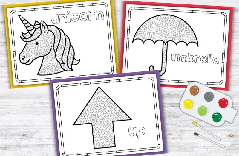 Letter U q-tip painting printables featuring unicorn, umbrella, and up dot art for preschool fine motor activities