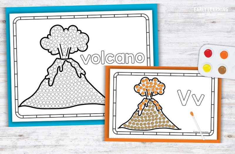 Letter V Q-tip painting printable with volcano dot art for preschool fine motor activities