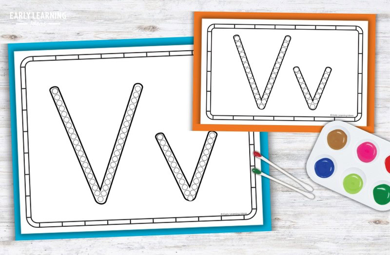 Letter V Q-tip painting printable pages with paint palette and cotton swabs for preschool fine motor activity