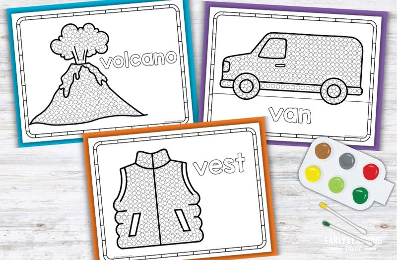 Letter V Q-tip painting printables for preschoolers featuring volcano, van, and vest coloring pages