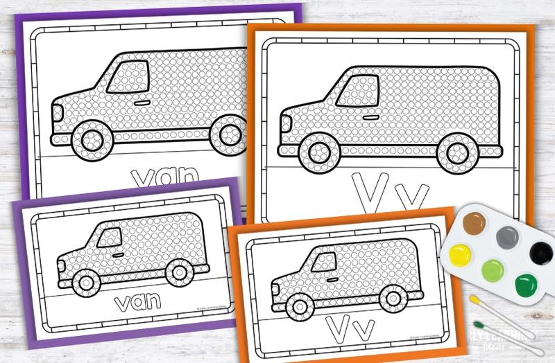 Letter V q-tip painting printables with van dot markers for preschool fine motor activities