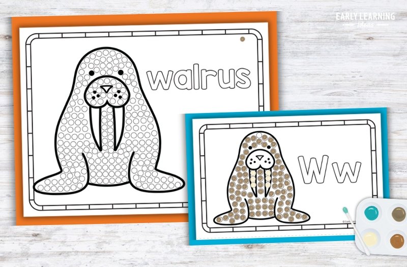 Letter W Q-tip painting printable with walrus dot art for preschool fine motor activities