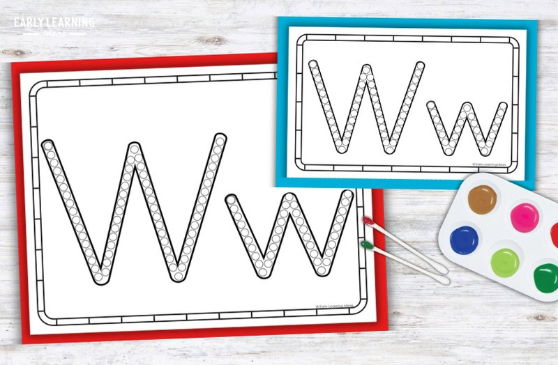 Letter W Q-tip painting printables with dot-marked outlines and paint palette for preschool fine motor activity