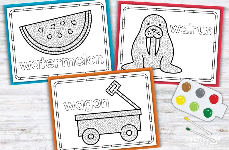 Letter W Q-tip painting printables: watermelon, walrus, and wagon dot art for preschool fine motor activities