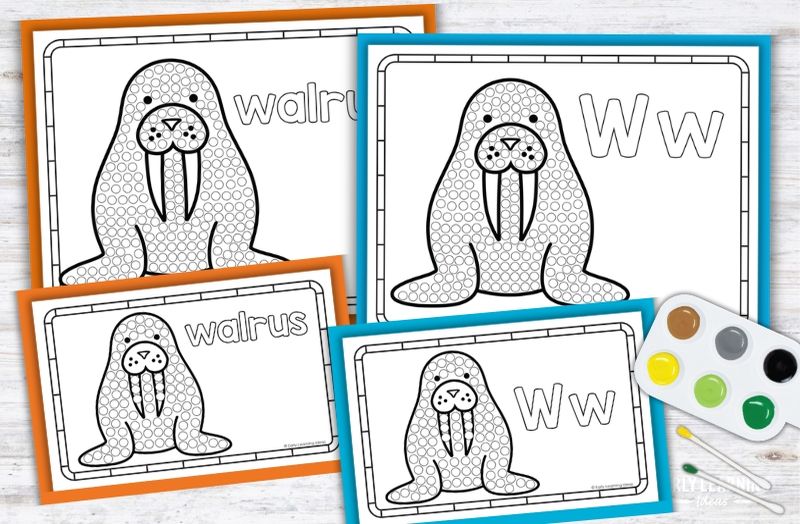 Letter W q-tip painting printables with walrus designs for preschool fine motor activities