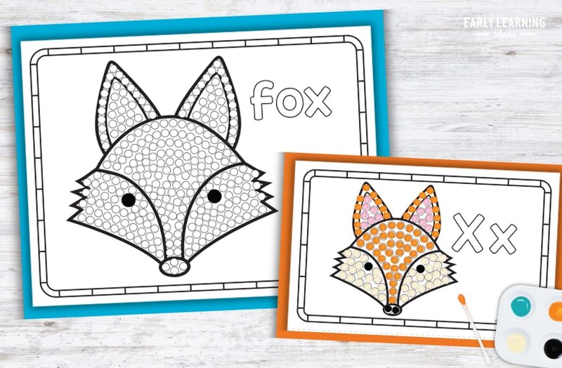 Letter X q-tip painting printable with fox dot-marker activity for preschool fine motor skills