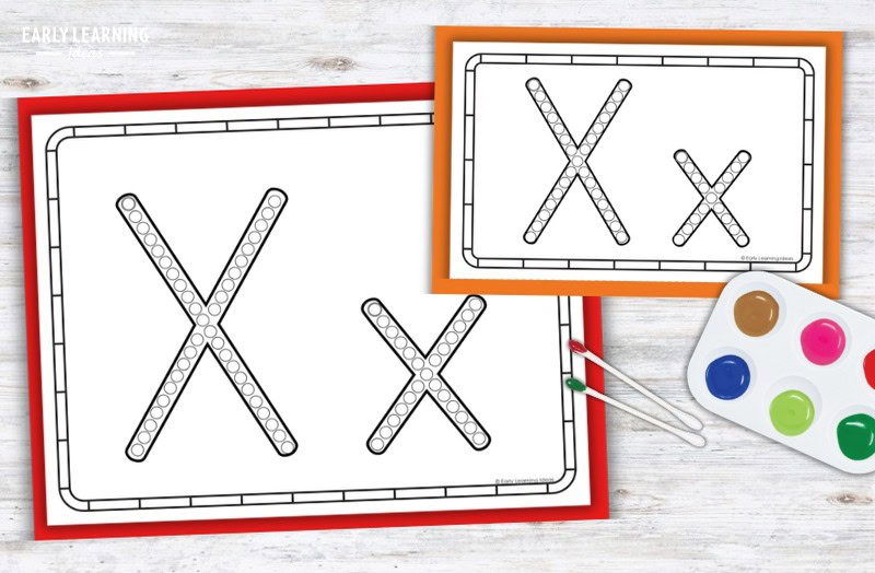 Letter X Q-tip painting printable mats with paint palette, a fun preschool fine motor activity.