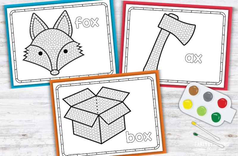 Letter X q-tip painting printables for preschoolers with fox, ax, and box dot art pages and paint tray
