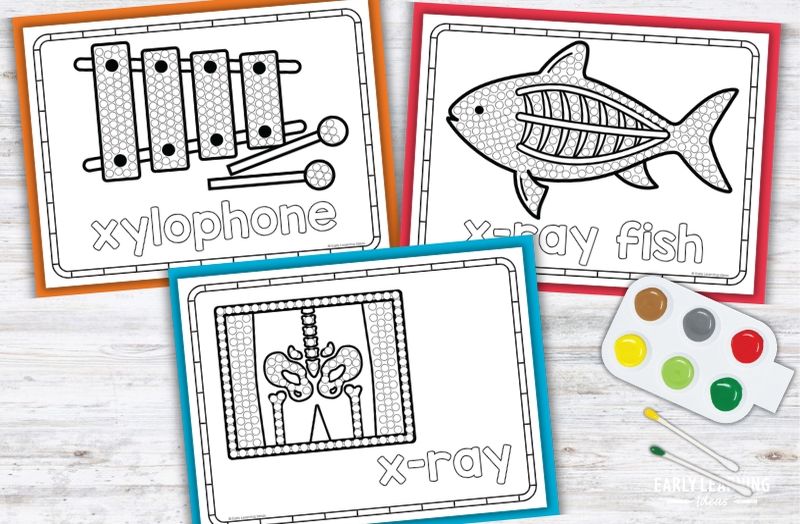 Letter X Q-tip painting printables featuring xylophone, x-ray fish, and x-ray designs for preschool fine motor activities