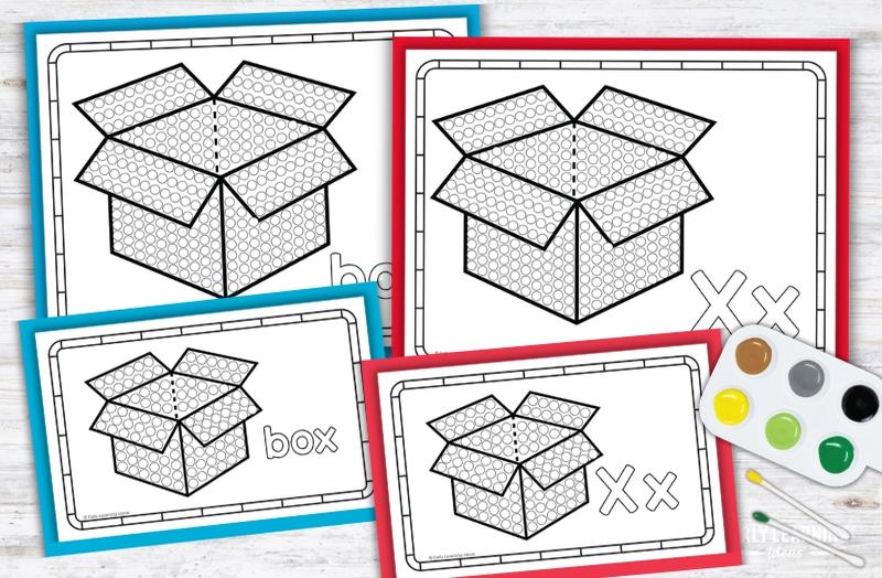 Letter X q-tip painting printables with box coloring pages for preschool fine motor activities