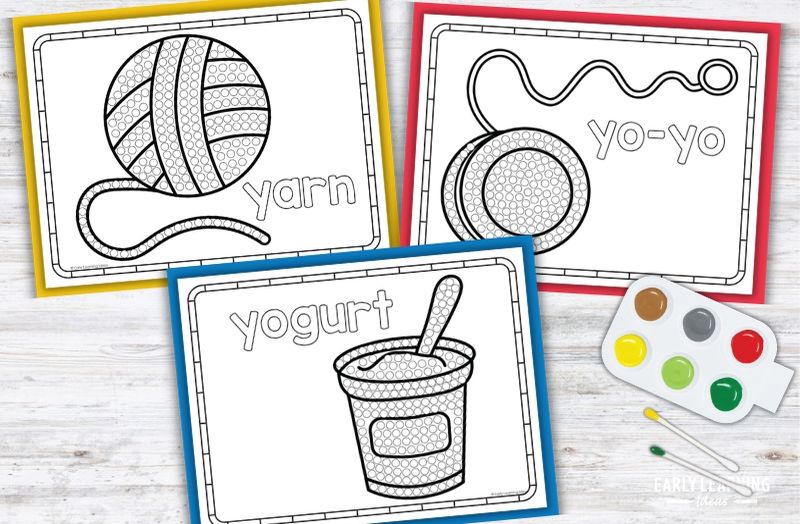 Letter Y Q-tip painting printables for preschoolers featuring yarn, yo-yo, and yogurt fine motor activity pages
