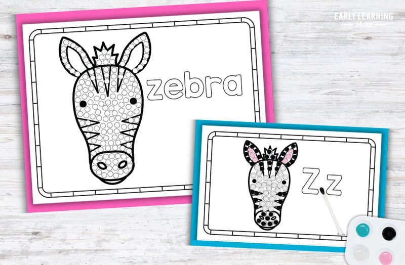Letter Z zebra Q-tip painting printable for preschool fine motor activity with dot-marker circles