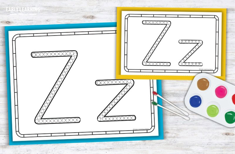 Letter Z Q-tip painting printables with dot-marker outlines, paint palette, and cotton swabs for preschoolers