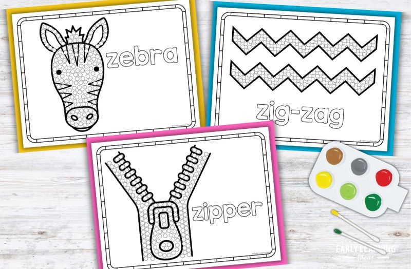 Letter Z Q-tip painting printables for preschoolers: zebra, zig-zag, and zipper coloring pages with paint tray