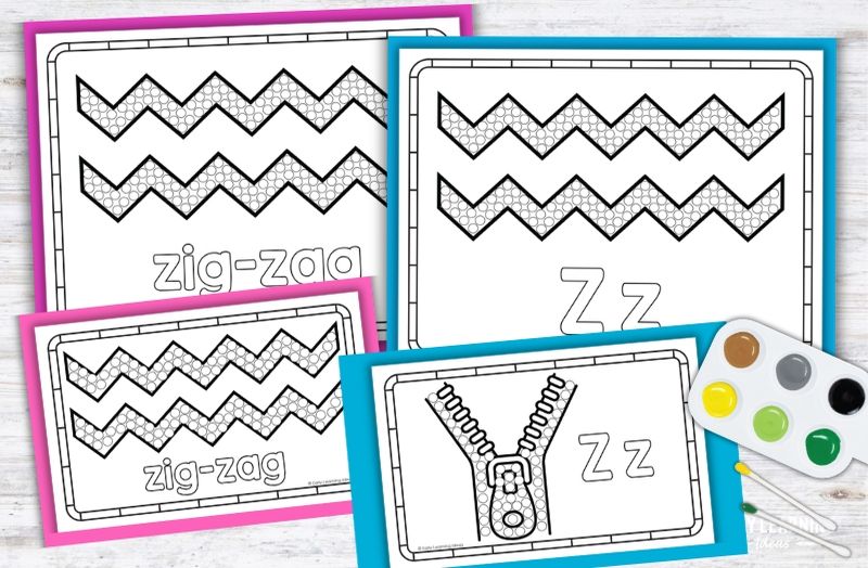 Letter Z Q-tip painting printables with zig-zag and zipper designs for preschool fine motor activities